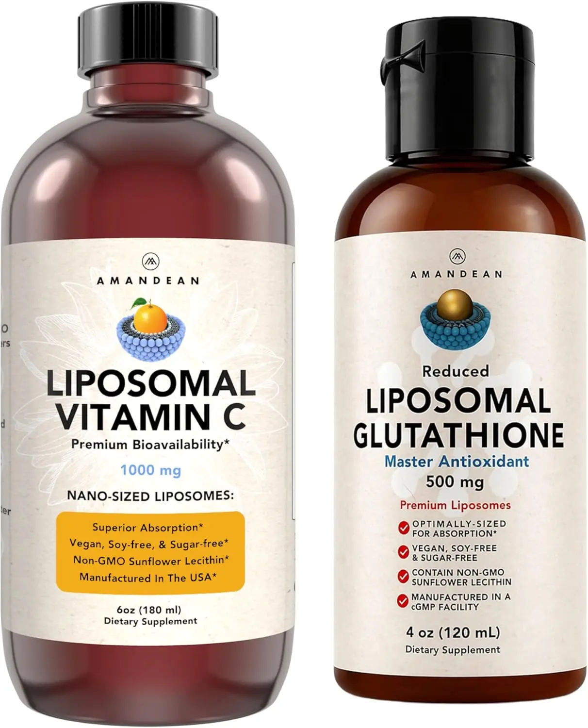 AMANDEAN Antioxidant Bundle - Liposomal Vitamin C Quali-C 1000mg + Liposomal Glutathione Setria 500mg - Non-GMO Vegan Liquid Formulas for Immune Support, Radiant Skin & Graceful Aging. Soy Free.