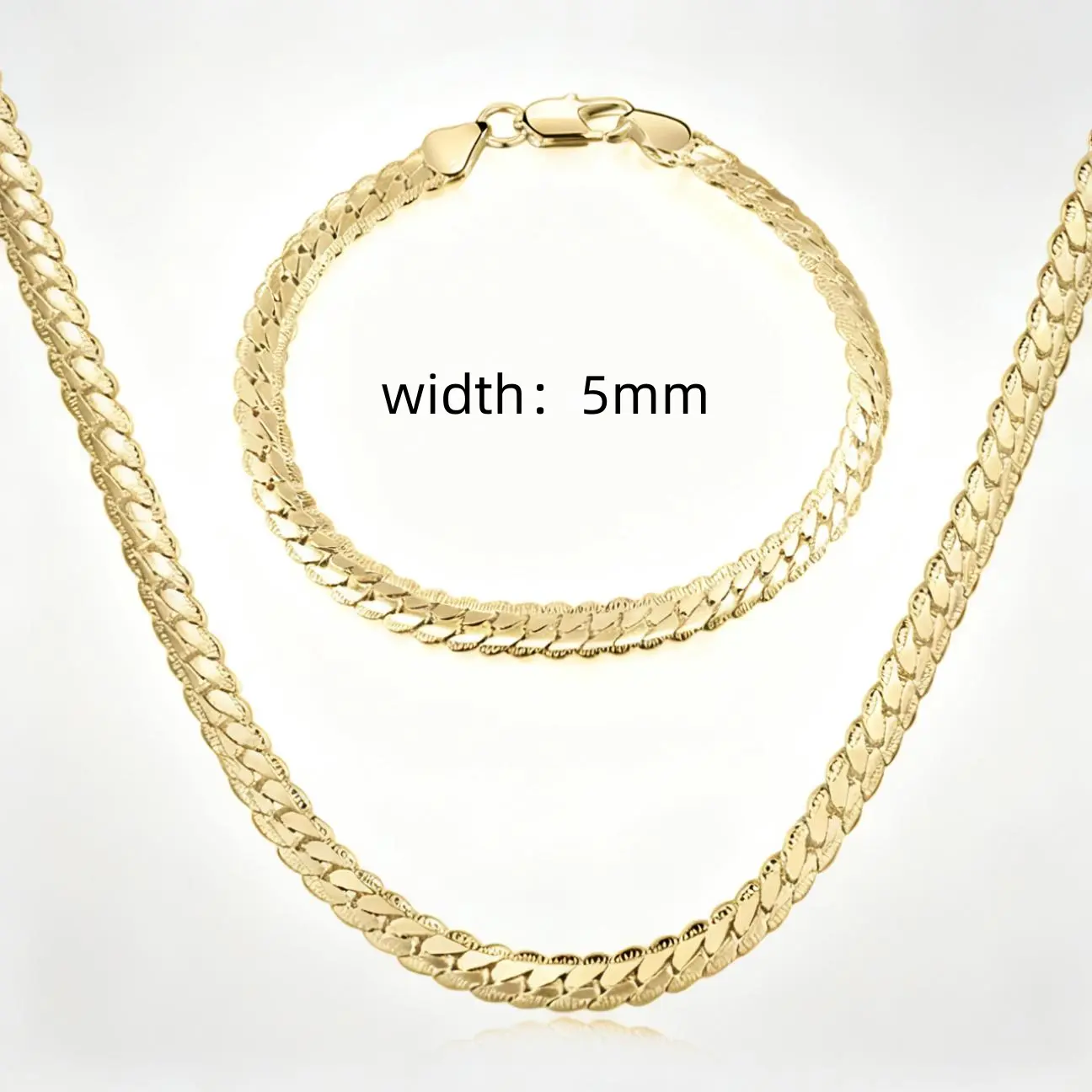 18K gold plated Necklace&bracelet set Cuban Link Chain, Flat Curb Chain Necklaces Unisex, Chunky Hip Hop Neck Chain,5mm Width, 19.68/21.65/23.62 Inches Length Jewelry for Mens Women