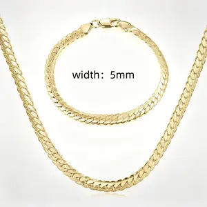 18K gold plated Necklace&bracelet set Cuban Link Chain, Flat Curb Chain Necklaces Unisex, Chunky Hip Hop Neck Chain,5mm Width, 19.68/21.65/23.62 Inches Length Jewelry for Mens Women