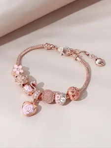 Elegant Heart & Flower Design Charm Bracelet, Exquisite Trendy Beaded Bracelet, Fashionable All-match Iced out Jewelry for Daily & Party Decoration, Rhinestone Bangle Bracelet, Fashionable Chunky Bangles