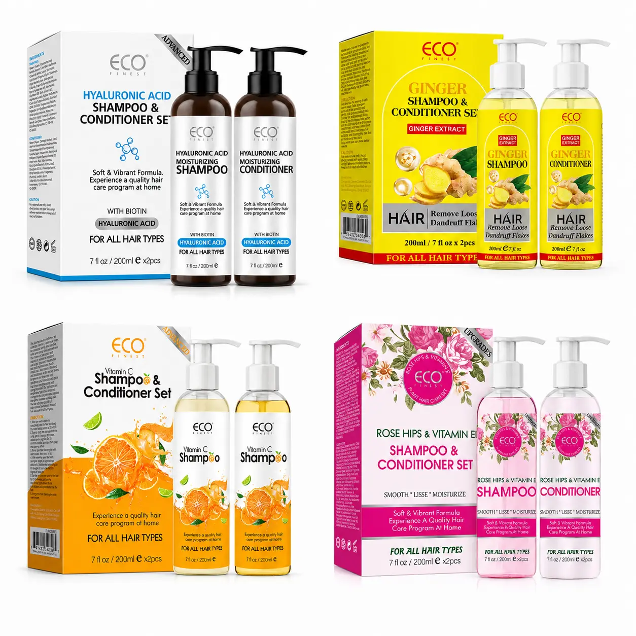 ECO FINEST Shampoo & Conditioner Set, 2 x 7 fl oz / 200ml, Choose Hyaluronic Acid, Ginger, Vitamin C or Rose Hips & Vitamin E, Moisturizing Hair Care for All Hair Types