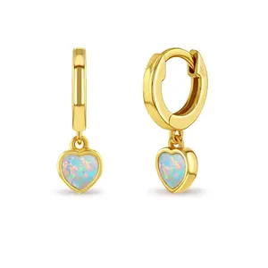 Opal Heart Dangle 9mm Kids / Children's / Girls Earrings Hoop/Huggie Safety Latch - Sterling Silver Gold Plated