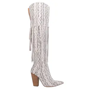 Dingo Womens Kitty Kat Fringe Snip Toe Pull On  Casual Boots Over the Knee High Heel 3" & Up - White