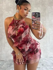 Women Floral Print Tie Backless Halter Neck Dress Sleeveless Short Capri Sun Dress Fashion Casual Flattering Summer Daily Wear Ladies Womenswear