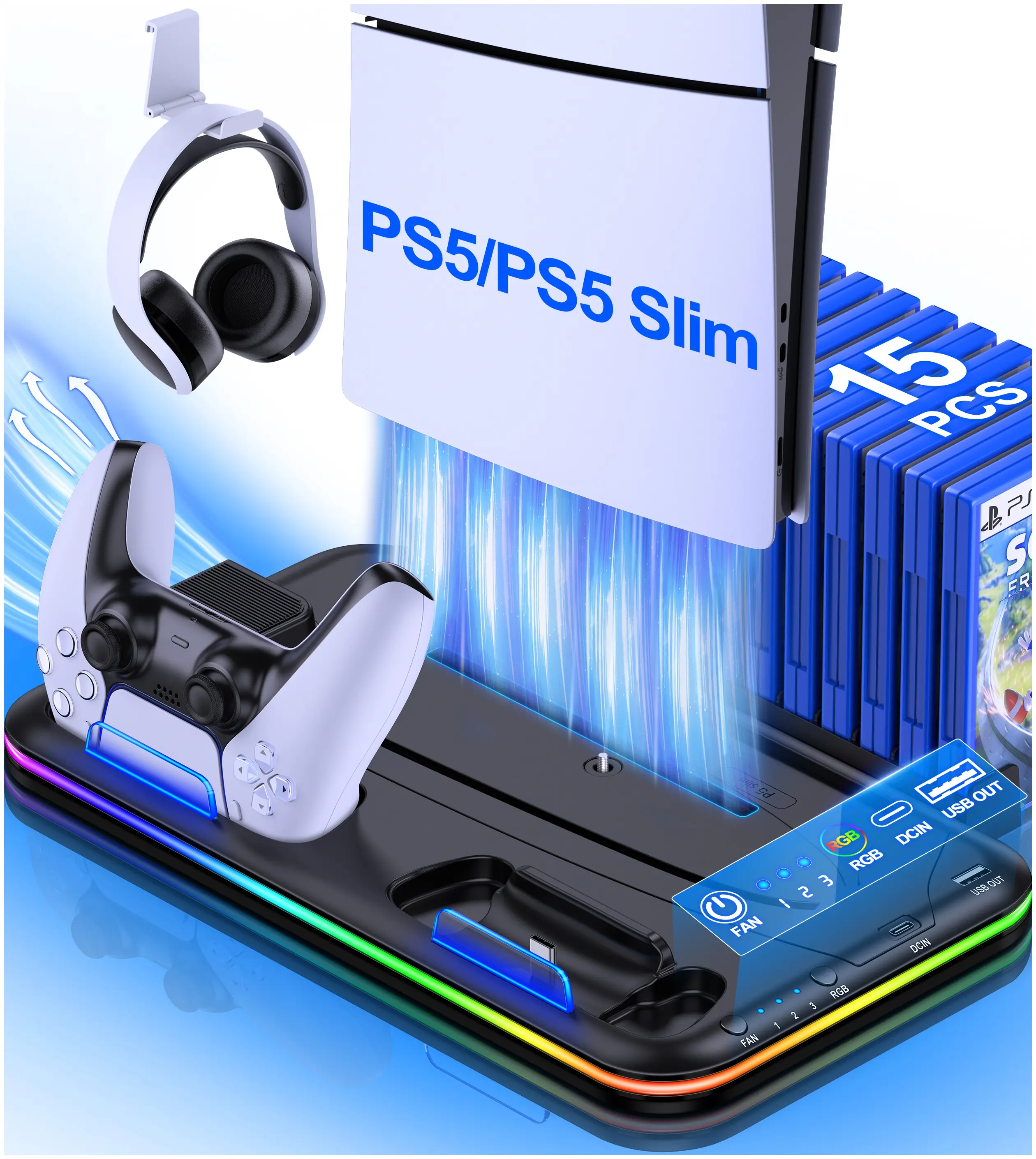 Kydlan PS5 Slim Vertical Stand & Cooling Station Complete Kit for Disc/Digital Consoles, PS5 Accessories with LED Lights, Fast-Charging Controller Charger, 3 Fan Speeds, Headset Holder, 15 Game Slots, USB Port, 9.06 inch C-to-C Cable, Memory Function