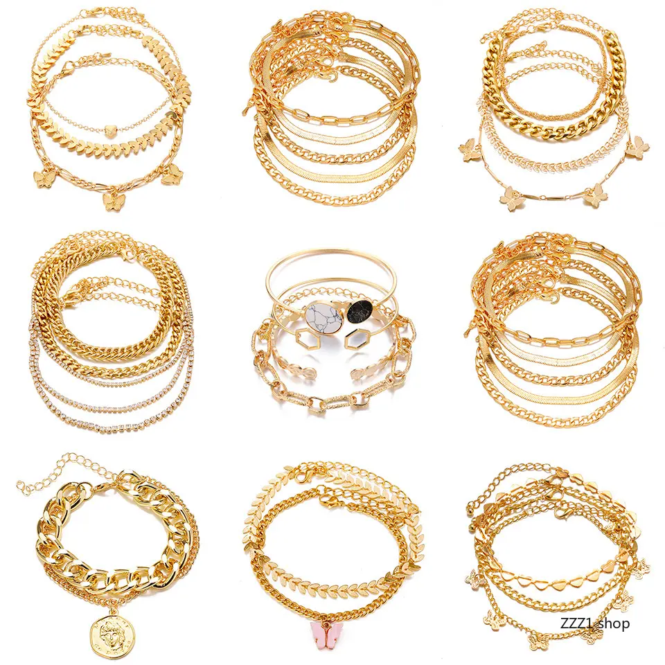 Boho Gold Layered Anklet Set for Women, Trendy Chunky Curb Chain, Aesthetic Butterfly Heart Arrow Pendant Multi Layer Foot Leg Jewelry Gift for Summer Beach Vacation