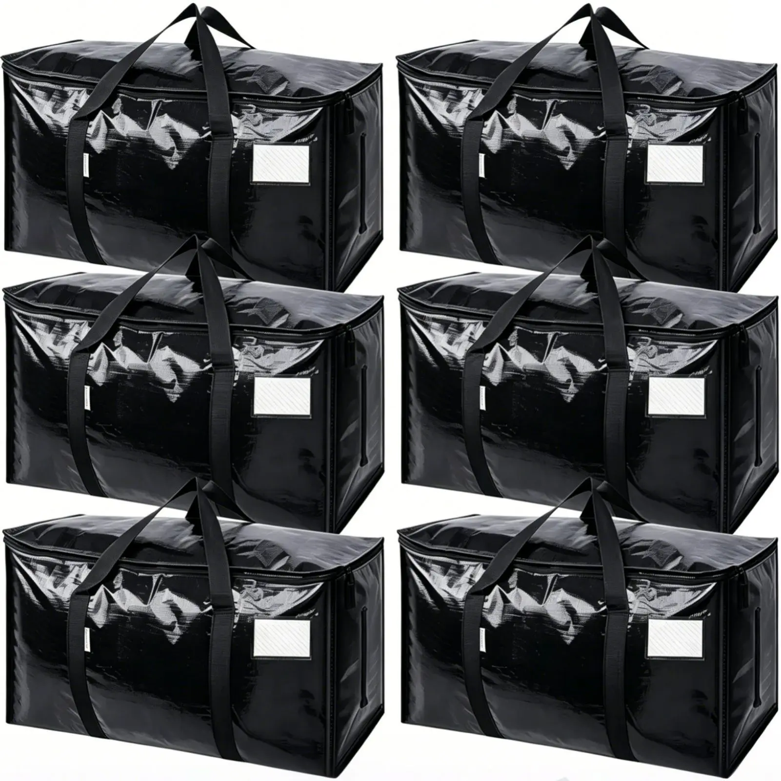 6 Pack Collapsible Heavy Duty Storage Bags, Waterproof Home Organizers for Clothes Blankets Bedding, Black Packing Pouches with Label Window, Moving Boxes Alternative, College Dorm Room Essentials, Efficient Organization Luggage Alternative
