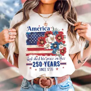 American 250th Anniversary Flag Floral Pattern T-shirt, Celebrating 250th Anniversary Patriot Gift Shirt - July 4th Patriot Gift USA - Cottagecore. graphic tees 67 Cotton Say You Swear Eat Sleep Goon Repeat 90s good Casual Short Sleeve Rifle