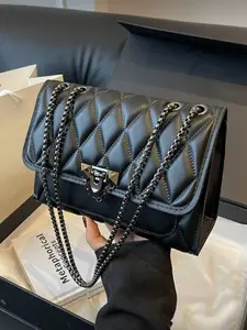 Minimalist Fashion Embossed Diamond Square Bag Lock Flap Open Metal Chain Shoulder Bag, Embellished Shoulder Bag, Suitable for Women Daily Casual Use