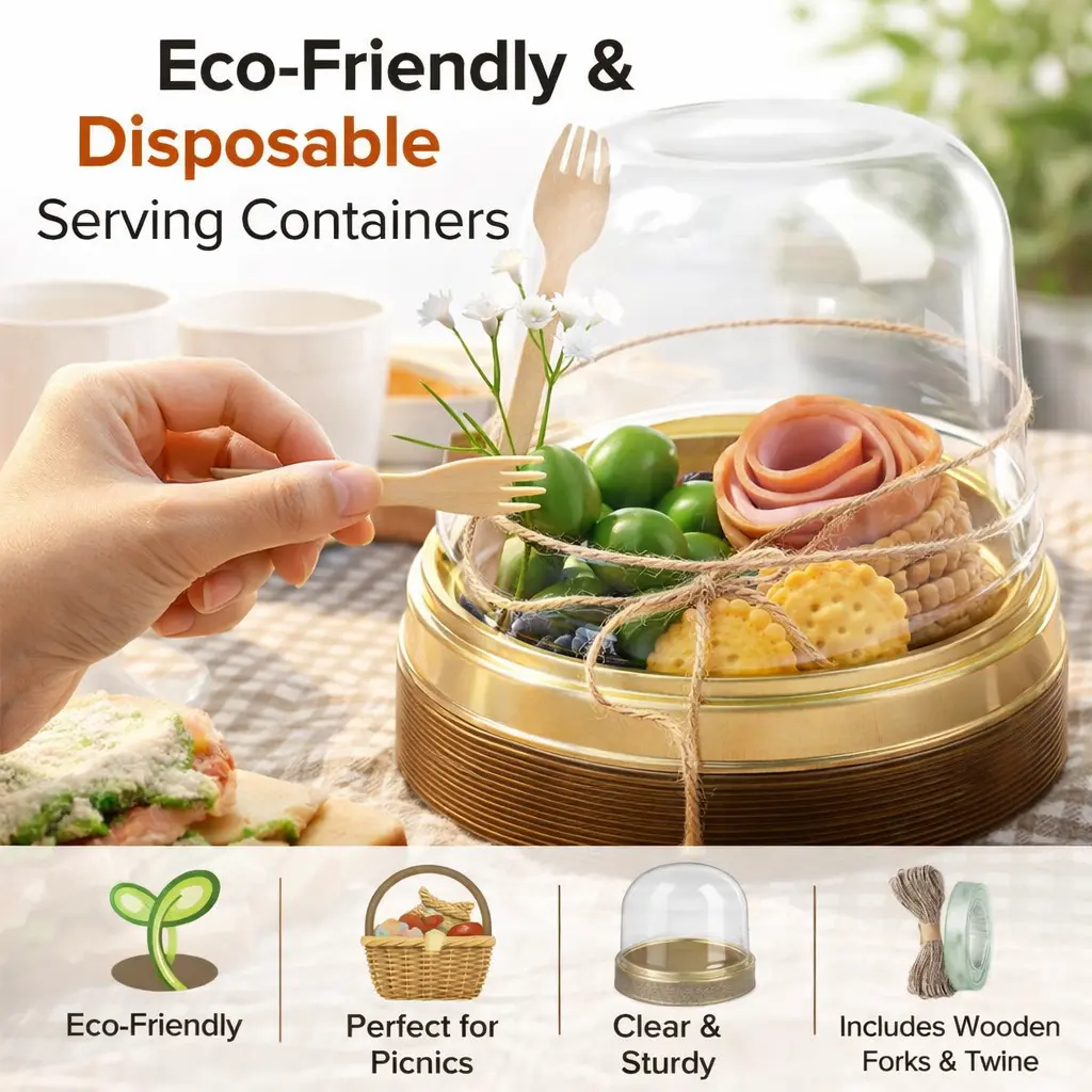 50-Set Individual Charcuterie Cups with Disposable Plastic Round Cake Boxes, Dome Lids, Mini Wooden Sporks & Ropes - To-Go Snack Containers for Wedding, Party Events