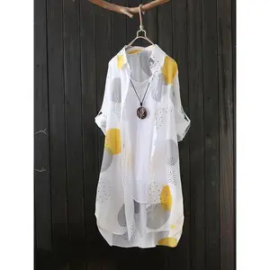 [Lightweight Polka Dot Cardigan] White Polyester Women's Lightweight Long Sleeve Shirt - Casual Mid-Length Sun Protection Cardigan, Loose Fit, Button-Up, Polka Dot Pattern, Machine Washable