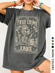 Women's Deep Skull Ghost Print Knit T-Shirt, Fashion Street Style, Casual Fitted Tee, Halloween Theme, Comfortable and Trendy