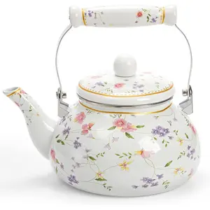 Vintage Enamel Tea Kettle, 2.6 Quart Floral Enamel Water Kettle Teapot with Porcelain Handle for Stovetop, Home Kitchen, Camping. Ideal for Housewarming, Wedding, Bridal Shower Gift