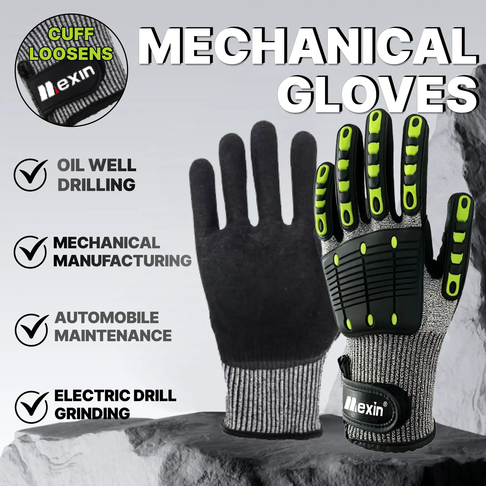 LBST-01-1 Pair Mexin Heavy Duty TPR Work Gloves, Mechanic's Gloves With Breathable Spandex Back, Touchscreen Fingertips, Non-Slip Grip, Maintenance