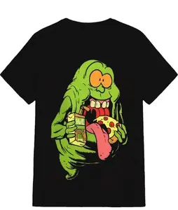 Slimer Ghostbusters Foodie American Retro Black Short-Sleeved Unisex T-Shirt, Cartoon Ghost Graphic with Pizza & Juice, Casual Streetwear for Movie & Comedy Enthusiasts, Unique Quirky Pop Culture Fashion Statement Piece Funny Thanksgiving Crew Neck