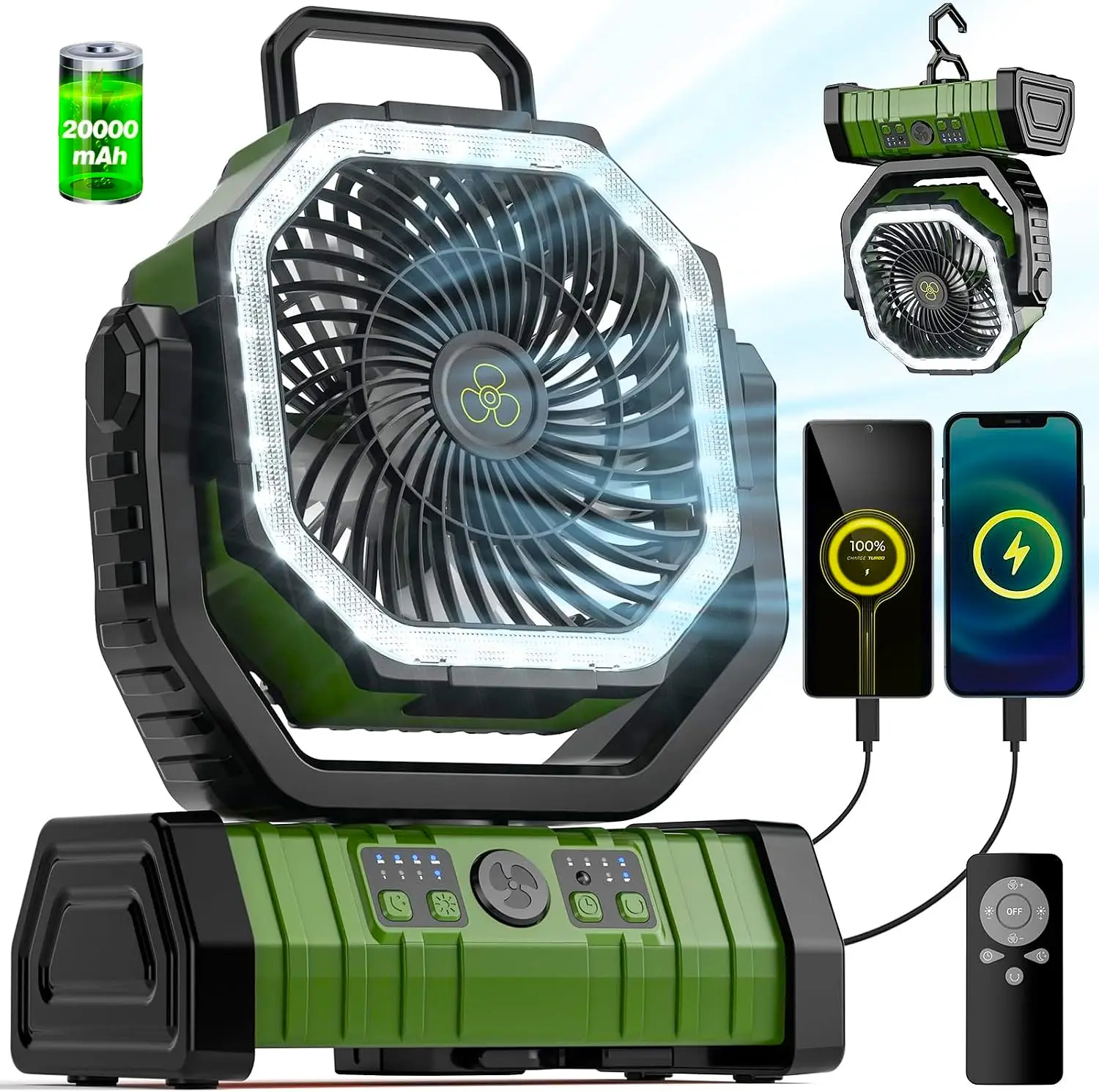 20000mAh Portable Camping Fan with LED Lantern & Cooler | 9-Inch Rechargeable Battery-Powered Fan with 270° Head Rotation, USB Charging, Hanging Hook