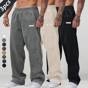 Clean Gent Loose Fit Patched Letter Casual Corduroy Pants with Drawstring Waistband and Pockets Men's Stylish Comfortable Straight Leg Trousers Suitable for All Seasons Trendy Everyday Wear