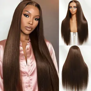 Unice 4x4 Pre-Cut Lace Rich Chocolate Brown Yaki Straight Wig with Drawstring Put On and Go Glueless Human Hair Wig