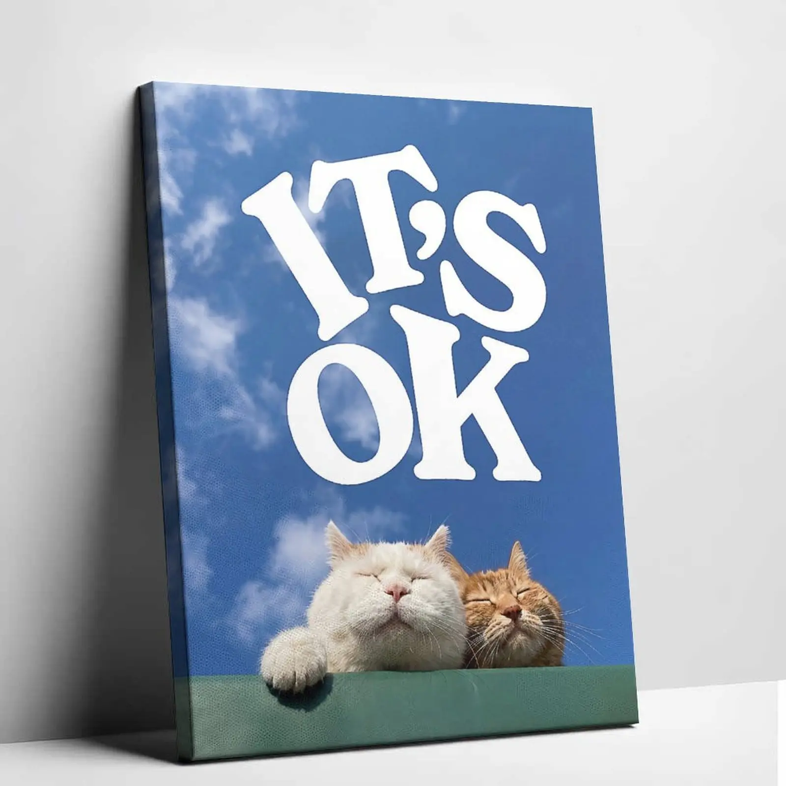 Funny Cute Ginger White Cats It's OK Quote Canvas Poster, Motivational Aesthetic Sky Cat Art Print, Uplifting Animal Wall Decor Gift for Cat Lovers Friends, Premium Canvas Painting