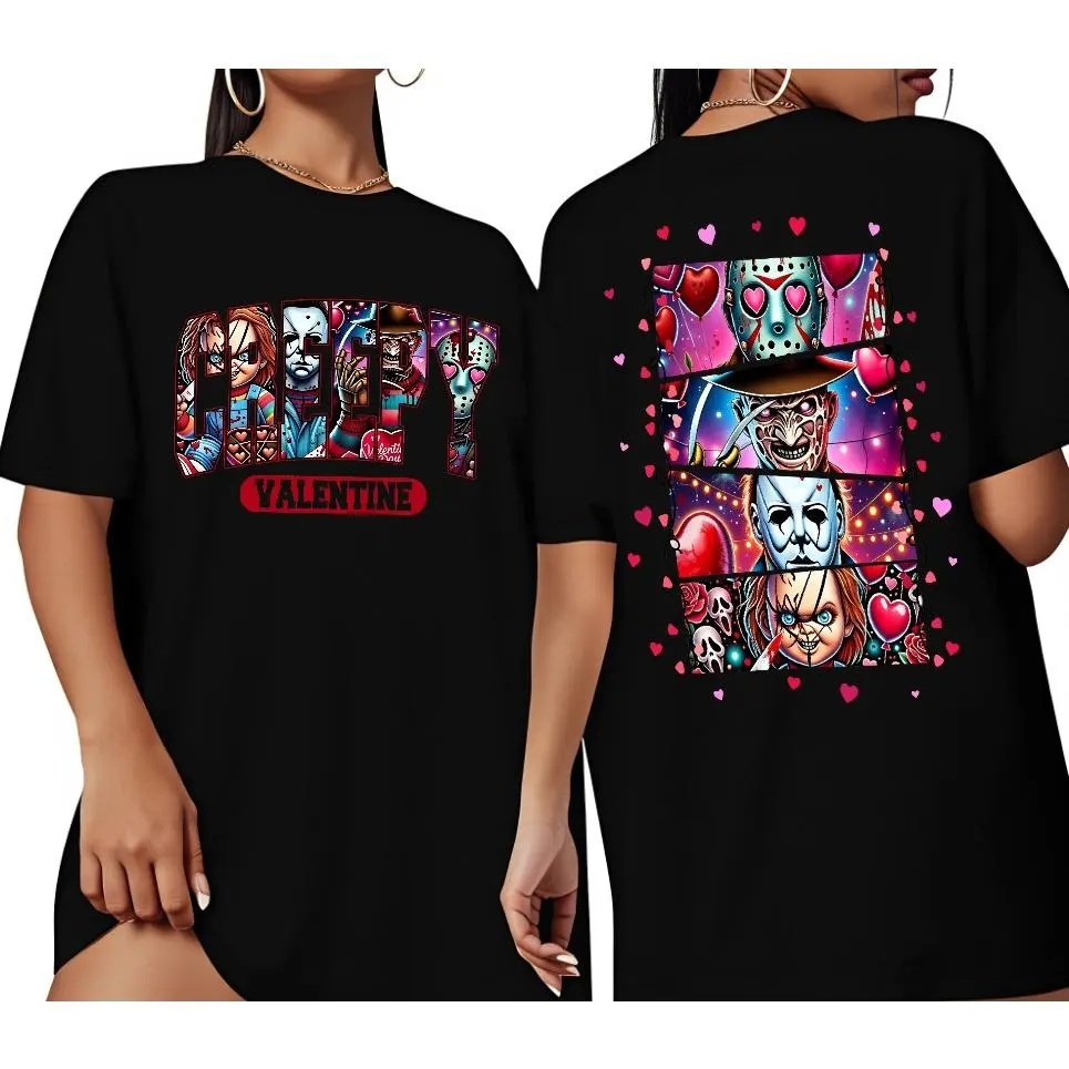 Two-Sides Horror Characters Valentine Bundle T-shirt, Pink Heart Valentine Horror T-shirt, Character Scary Movie Valentine,Valentine T-shirt