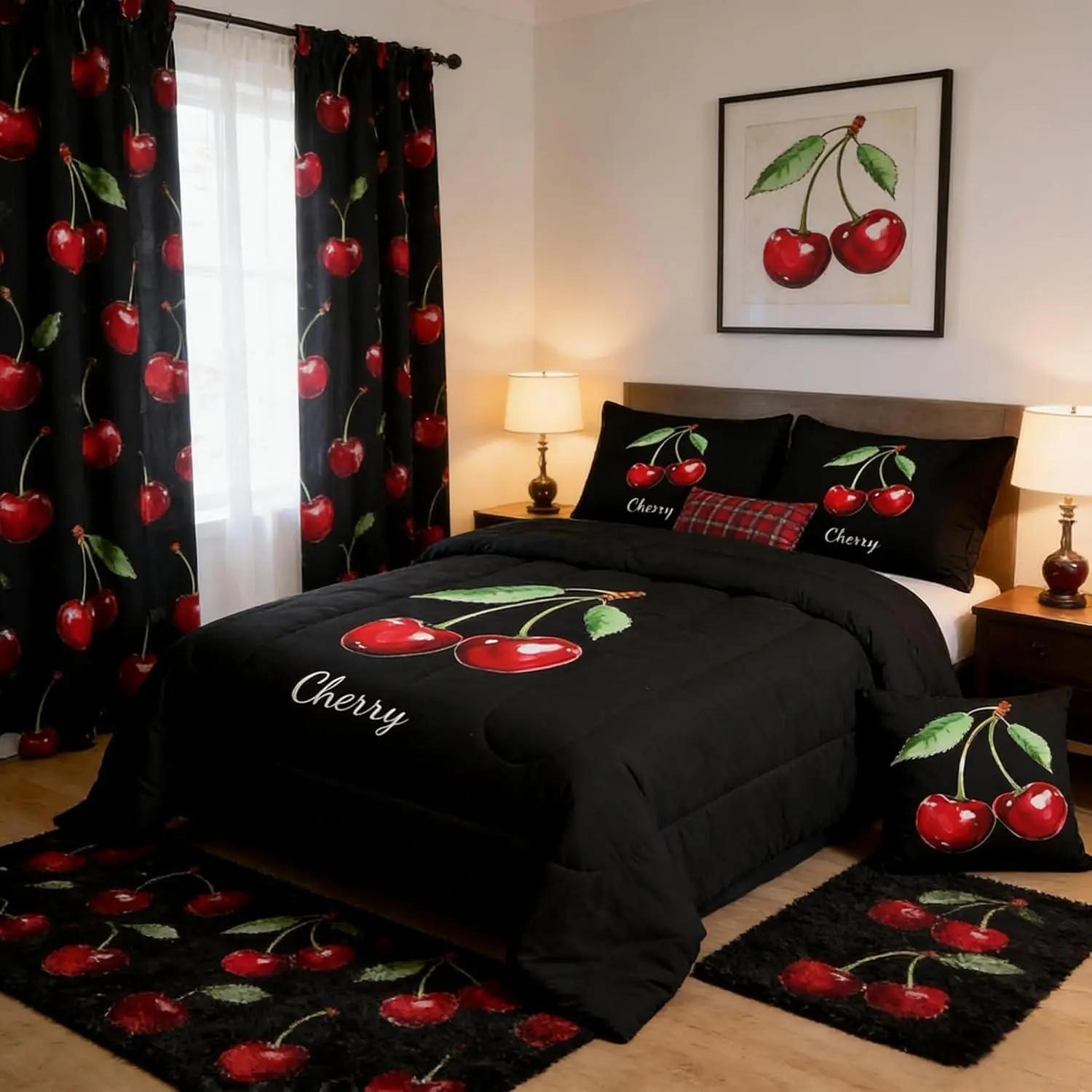 Cherry Comforter Set,Tropical Fruit Bedding Set for Kids Teens Adult Room Decor,Solid Black Background Quilt Set,Concise Vintage Duvet Insert