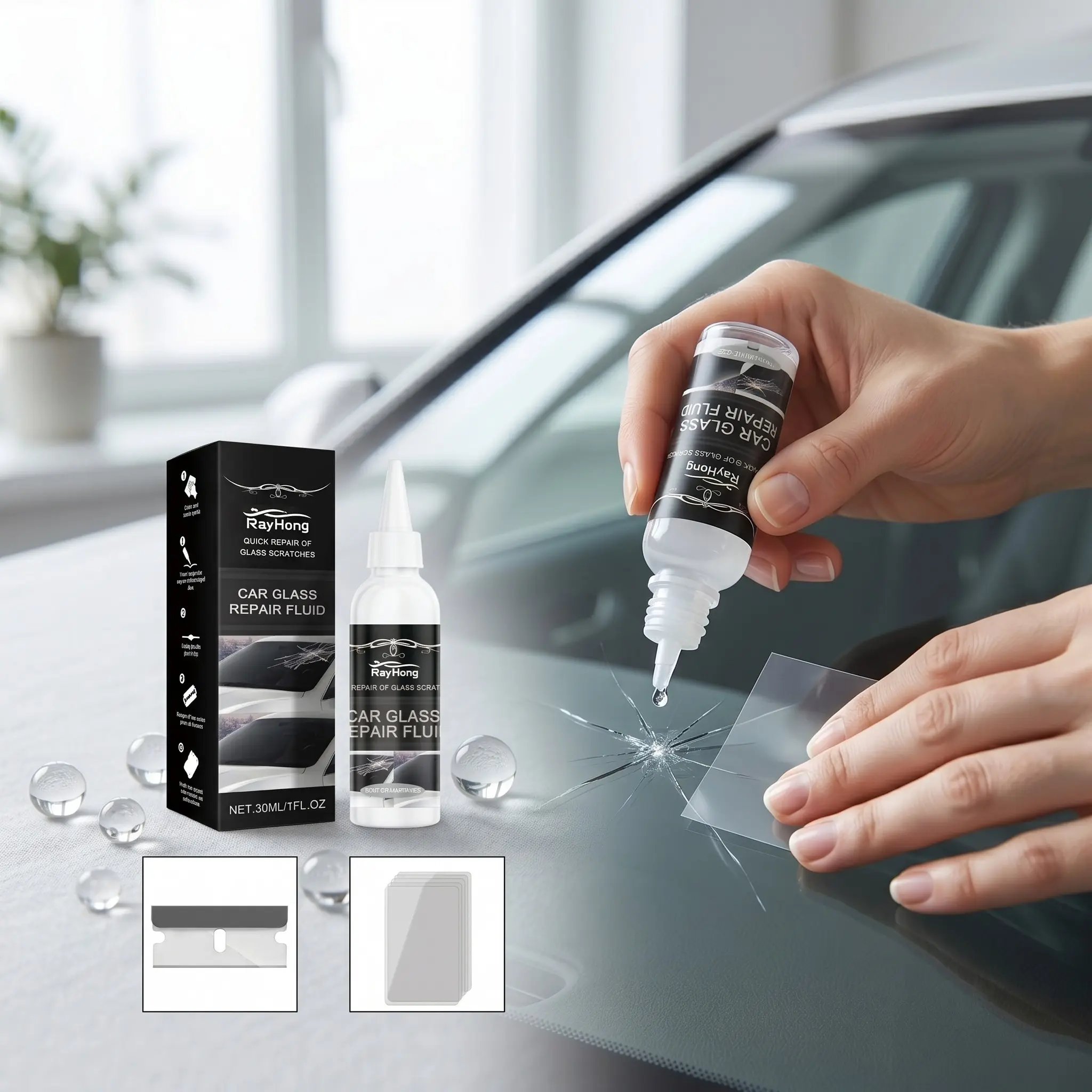 2 Bottles Car Glass Repair Glue (30ML), Nano Glass Repair Liquid, Glass Repair Fluid, Quick Fix for Cracks, Automotive Glass Restoration Solution