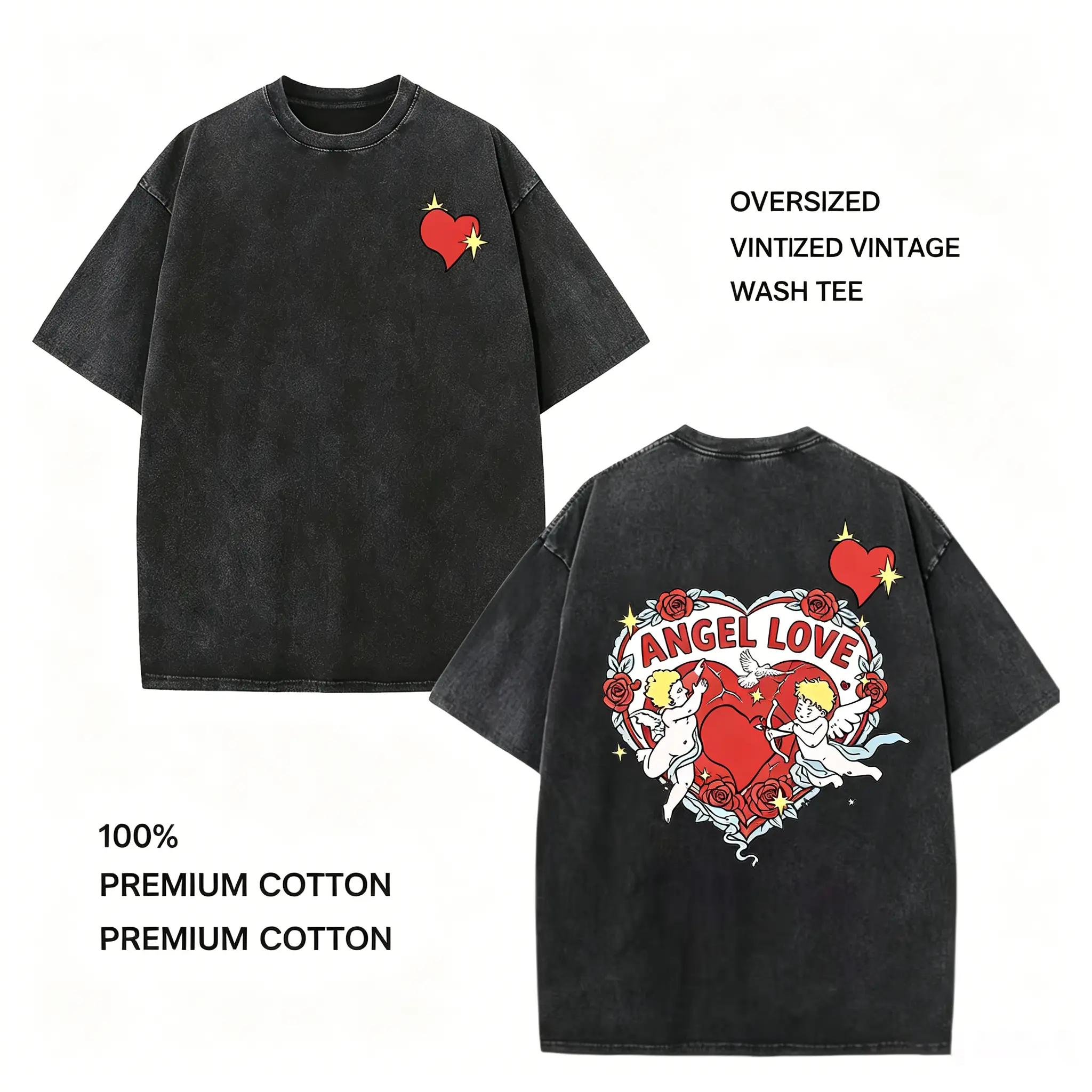 Vintage-Style Washed T-Shirt with Cupid/Angel Graphic – Valentine's Day Gift for Couples, Unisex Streetwear Tee – Ideal Valentine's Day Present