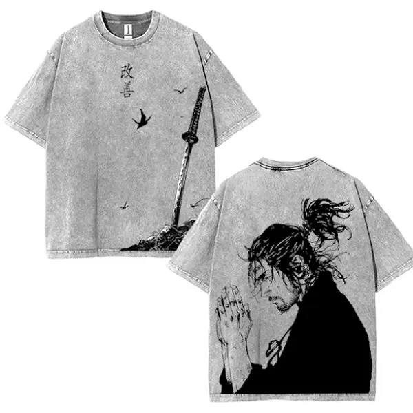 Vagabond Life Tee, Miyamoto Musashi 90s Manga, T-Shirt Unisex Anime Manga Washed Heavyweight T-shirt, Gift For Anime Fan men  gifts Cotton Fabric Top Clothes Menswear