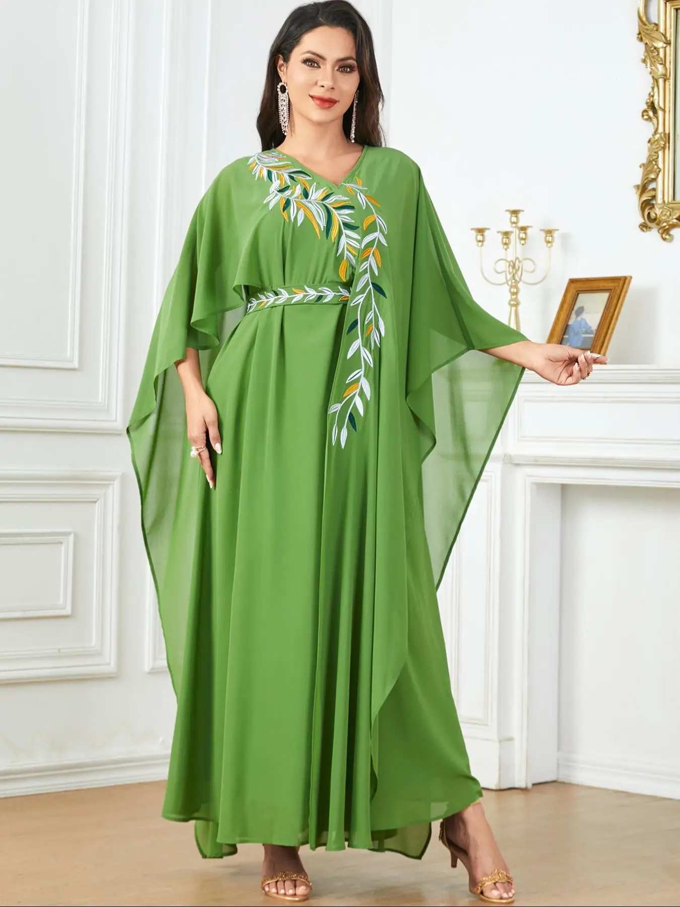 Women's Leaf Embroidering Asymmetrical Cloak Sleeve Cape Dress, Elegant V Neck Long Arabian Dress, Women's Islamic Clothing for All Seasons