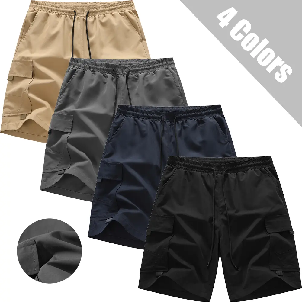 Basic cargo casual bermuda shorts with an outdoor vibe, straight-leg cargo shorts featuring a loose yet tailored fit, elastic waistband with drawstring, practical cargo pockets on both sides, suitable for summer commuting, hiking trips, and everyday casua