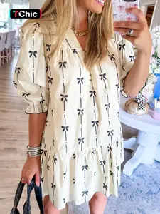 Women's Bowknot Print Bubble Sleeve Dress, Fashion Casual Short Sleeve Dress for Daily Outdoor Wear, Ladies Clothes for All Seasons