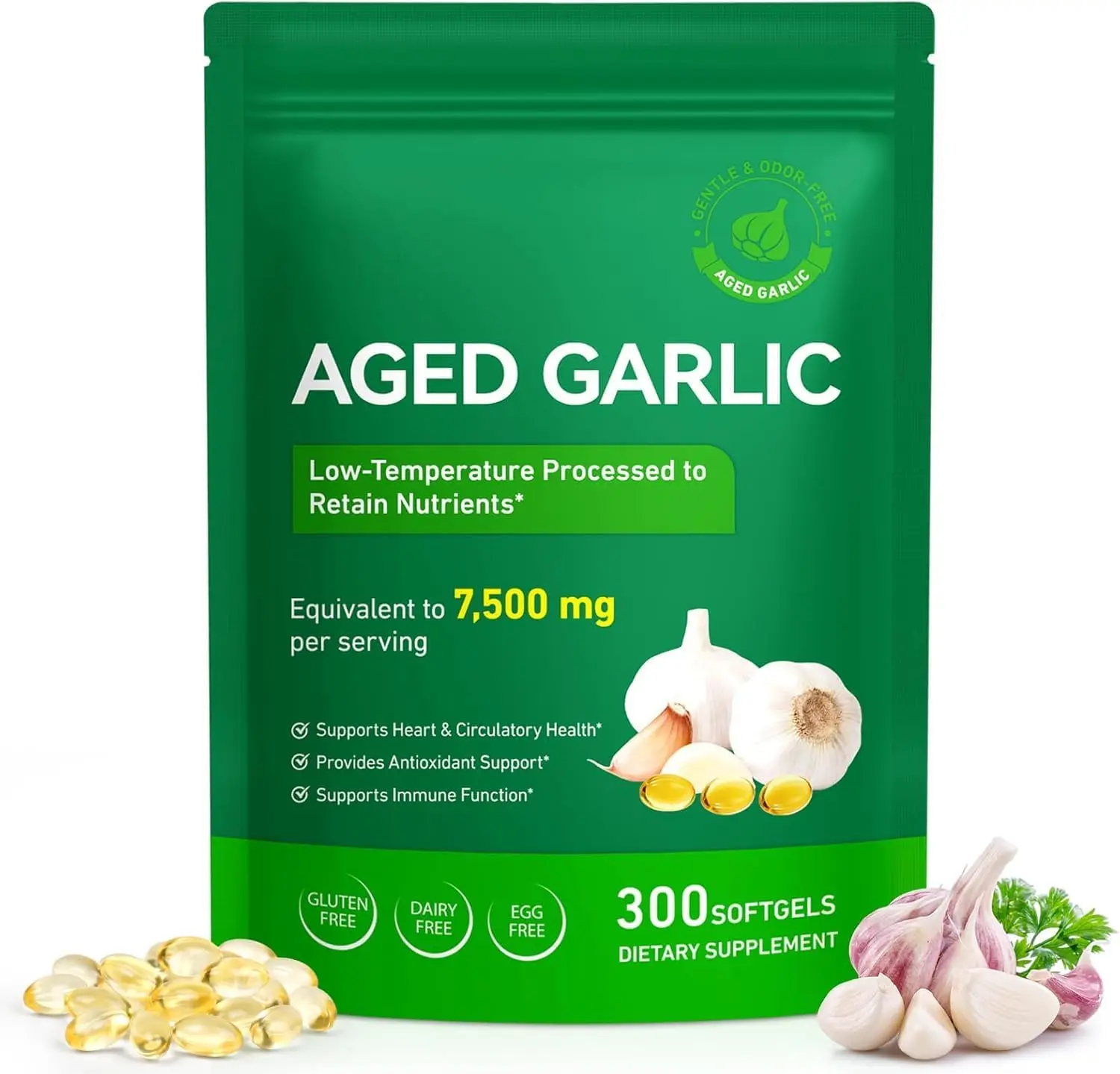 Odorless Aged Garlic Extract Softgels - 7500mg per Serving Dietary Herbal Supplement, 300 Count High Potency Heart & Immune Health Support, 5-Month Supply for Swallowing Whole, High Potency Supplement