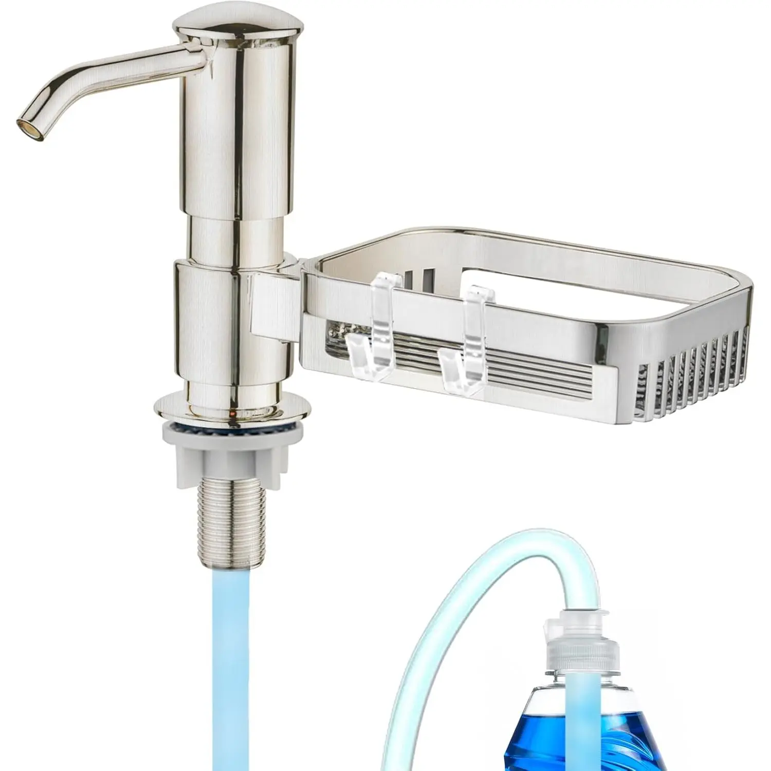 Built-in Kitchen Sink Soap Dispenser Set with Brushed Nickel Pump, Sponge Holder, 38" Extension Tube Kit & Strong Suction Power - Easy Installation for Home Bathroom Use, Deck-Mounted Soap Dispensers