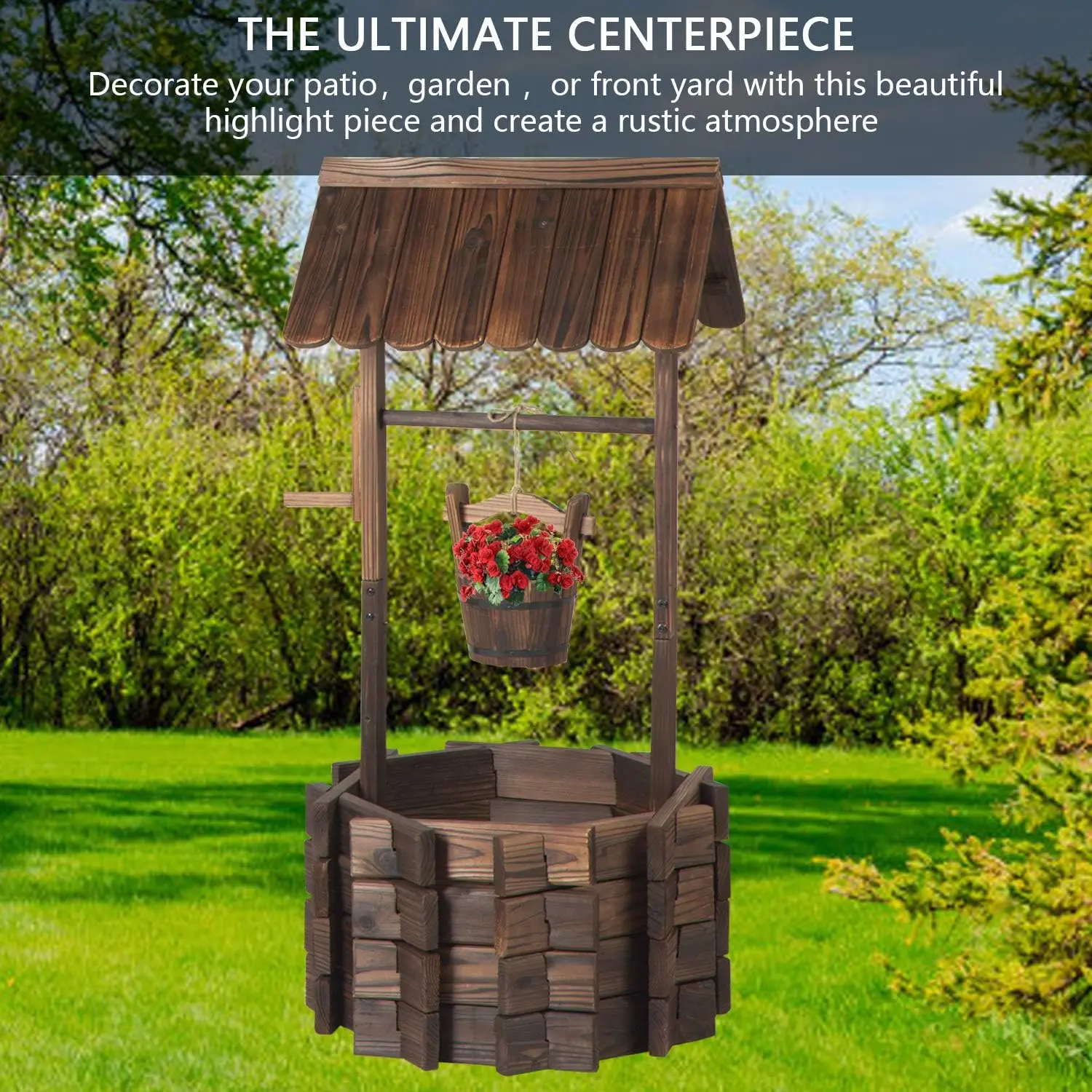Aoxun Brown Wooden Wishing Well Flower Pot with Hanging Bucket - Hanging Plant Hanger, Whimsical Home Decor, Landscaping Decor for Indoor Outdoor Backyard Front Porch Garden Accessory