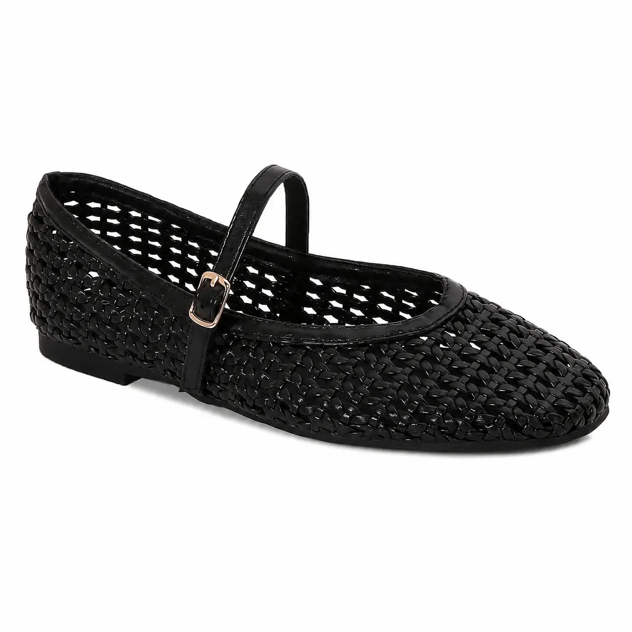 BERNESS Veera Women's Office Woven Mary Janes Ballet Flats, Black Round-Toe Buckle-Strap Shoes for Work and Summer Outfits