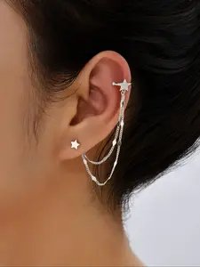 1 Pair Star & Chain Decorated Ear Cuff Earring, Casual Artificial Zircon Jewelry for Women, Trendy Accessories for Party and Daily Life