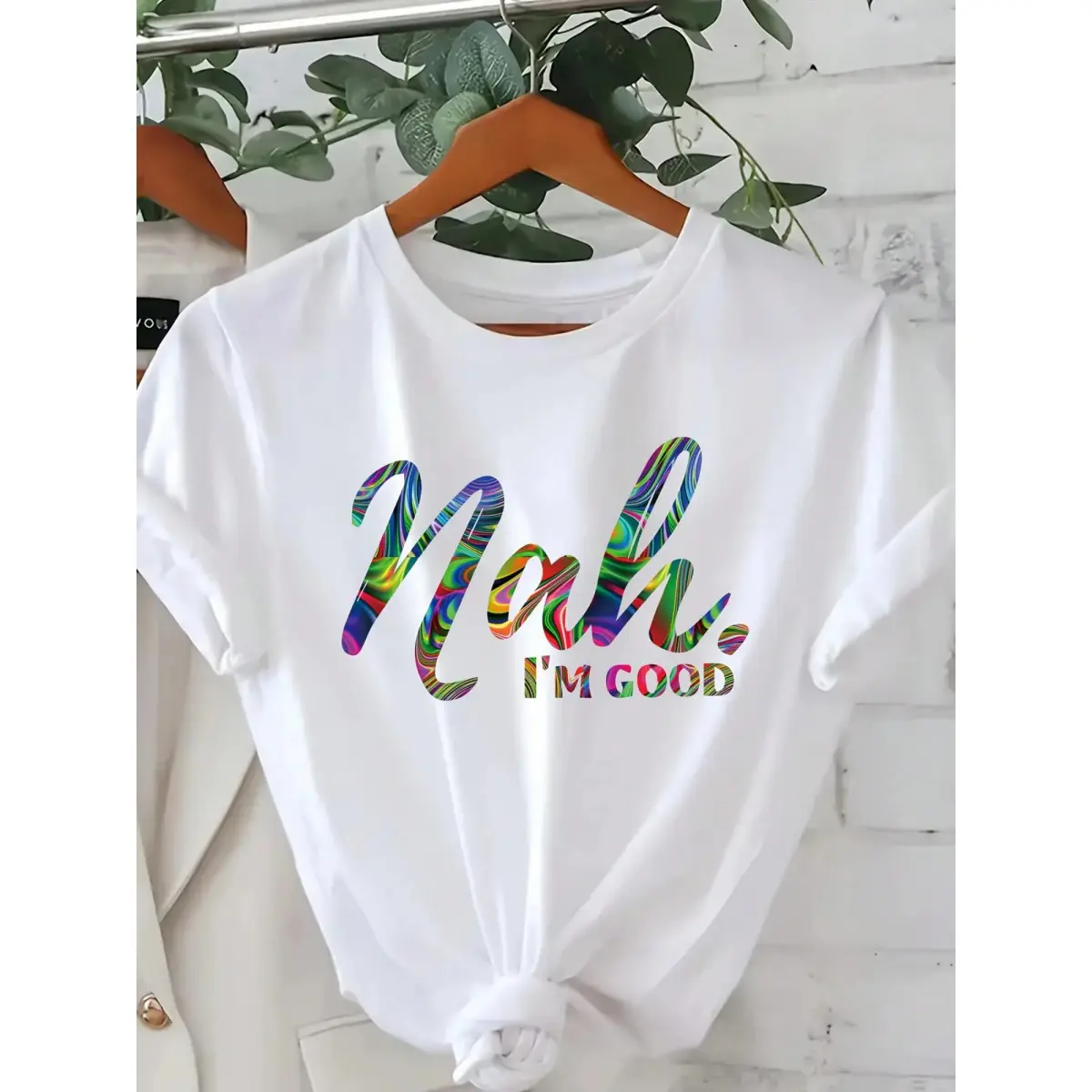 Colorful Gradient 'Nah, I'm Good' Letter Print T-Shirt For Women - Casual Round Neck, Short Sleeve,  Polyester, Machine Washable - Perfect For Spring/Summer/Fall