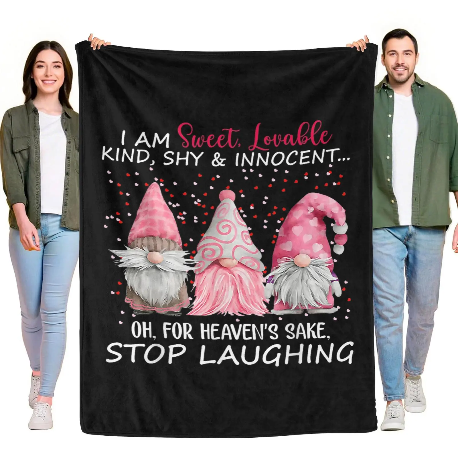 Flannel Throw Blanket Three Pink Heart Pattern Garden Gnomes Funny Sarcastic Quote Black Background Cute Gnome Humor Soft Warm Blanket Bedroom Decor