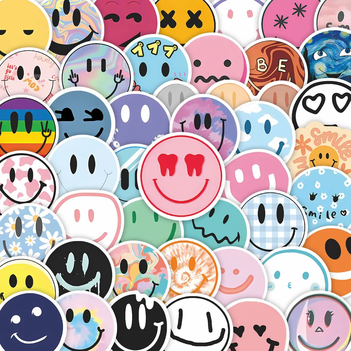 50Pcs Trendy Smiley Face Stickers Pack, Waterproof Cute Aesthetic Smile & Groovy Emoji Vinyl Decals for Laptop, Water Bottle, Journal & Scrapbook, Stickers For Scrapbooking, Y2K Lover Gift