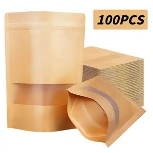 100 Pcs Kraft Paper Self-Seal Bags, Reusable Waterproof Food Grade Snack Tea Storage, Stand Up Coffee Bean Nut Candy Divider, Commercial Home Use, Reusable Snack Containers