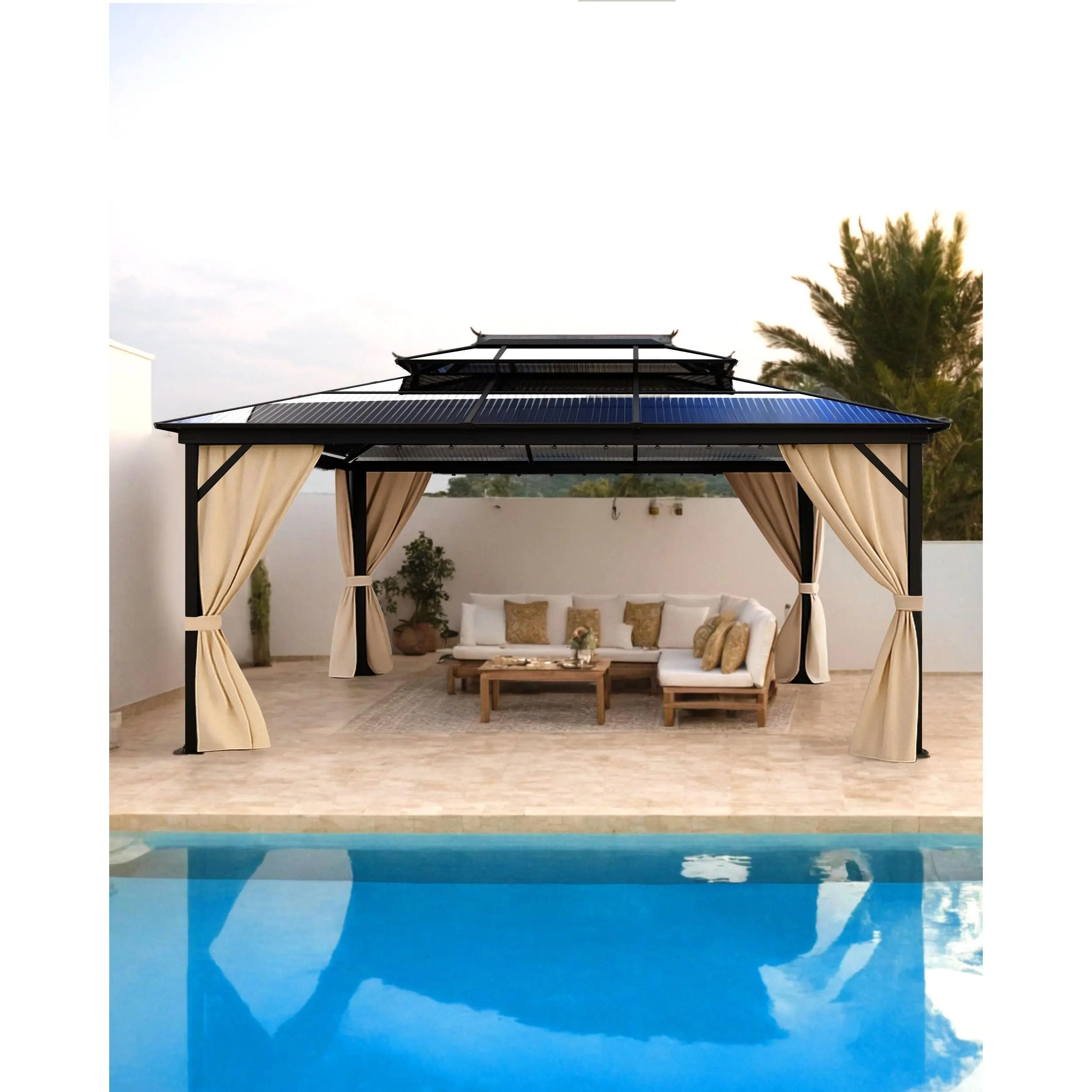 12′×16′ Hardtop Gazebo, All‑Weather Aluminum Frame Outdoor Canopy with Double Polycarbonate Roof – Permanent Gazebo with Netting & Curtains for Garden, Lawns, Patio