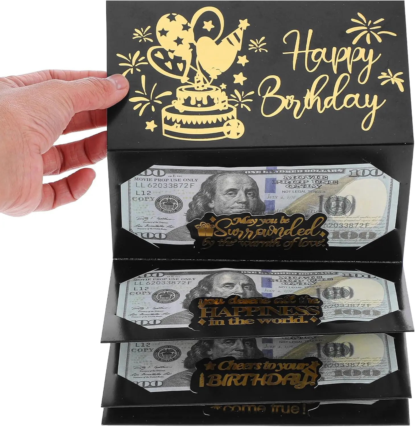 3 Pcs Black Gold Cardboard Birthday Money Envelopes - Cash Gift Holders with Cash Slots & Fun Party Cards, Festive Home & Party Supplies for Friends, Family