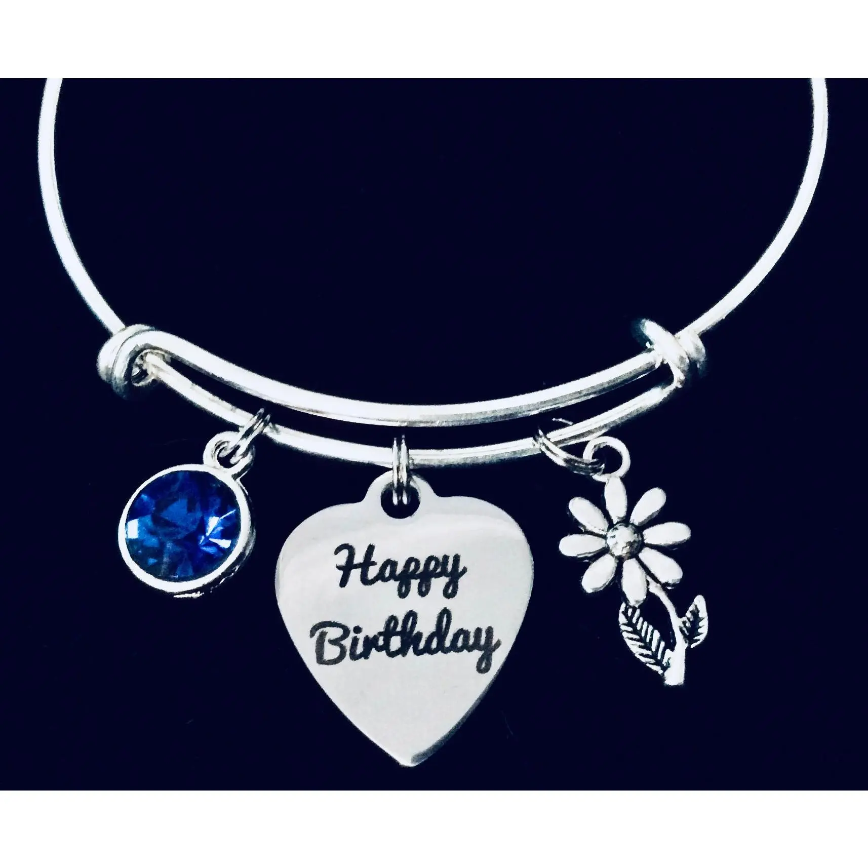Happy Birthday Jewelry Expandable Charm Bracelet Adjustable Bangle September Birthstone Sapphire Daisy Flower Gift