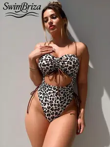 Briza｜One-Piece Swimsuit With Drawstring Neckline, High Slit, And Leopard Print.