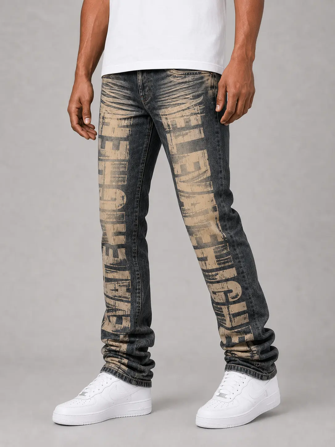 Men's All-over Print Flared Jeans, Premium Stretch Stacked Denim in a Dark Indigo Wash for Casual Streetwear, Menswear, Fabric