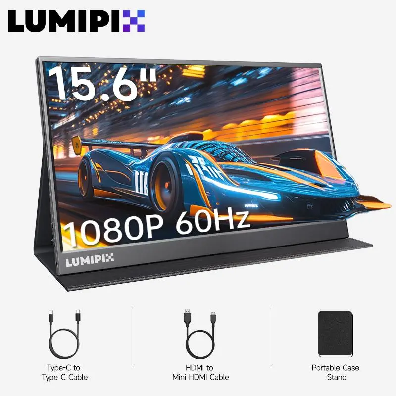 LUMIPIX 15.6" FHD 1080P IPS 60Hz Portable Gaming Monitor, Aluminum Alloy Frame, USB-C/HDMI, Ultra-Slim HD Display, Smart Cover, Speakers, Protective Case, Type-C Port Computer Monitor for Laptops, PS5, Monitors