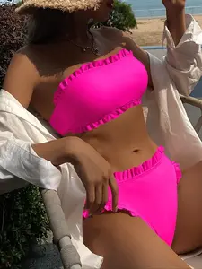 Women's Summer Solid Frill Trim Bikinis Set, Casual Tie Back Padded Swim Bandeau Bra & Swim Panty Two-piece Swimsuit for Summer, Bathing Suits Women, Bikini Set, Swimsuit for Women
