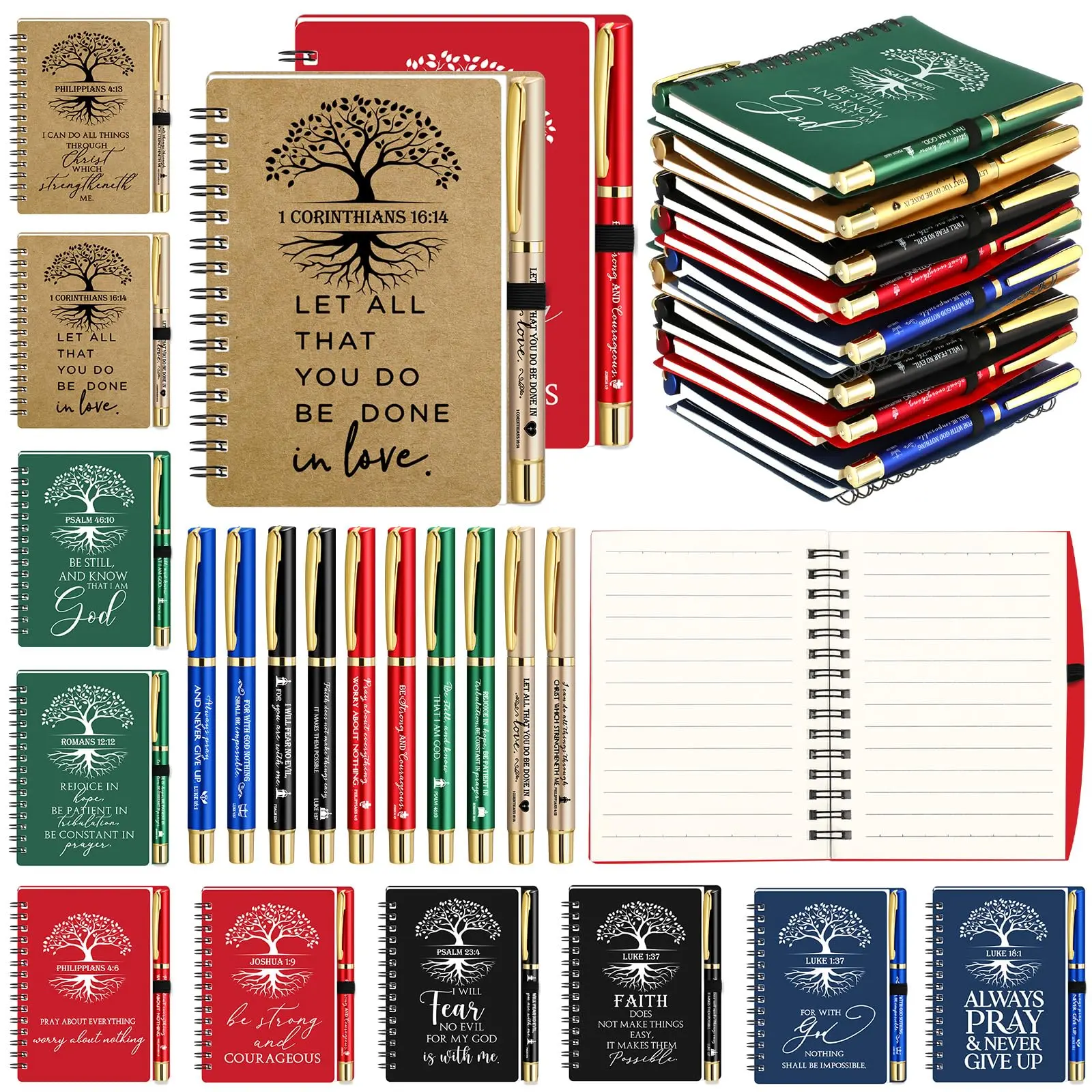 Bible Verse 20Pcs/10sets Bulk Spiral Notebooks with Bible Ballpoint Pens - Religious Journaling Inspirational Gift for Women, Men, and Church Study