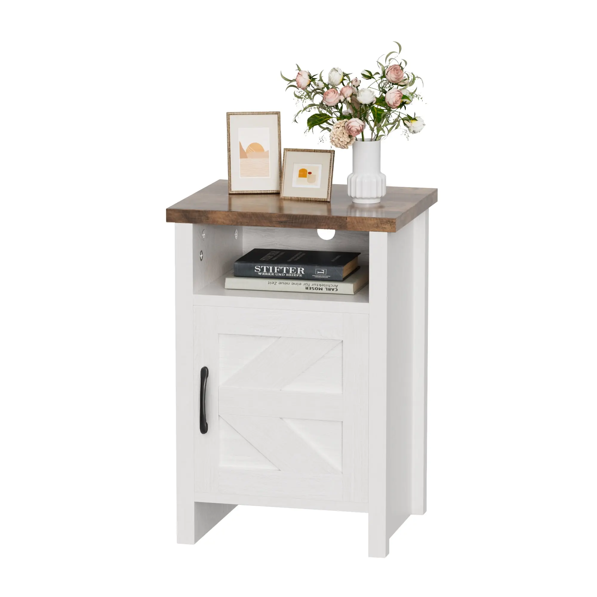 Furmax Farmhouse Nightstand, Modern Bedside Table with Barn Door and Shelf, Rustic End Table Side Table for Bedroom, Living Room(1, White)