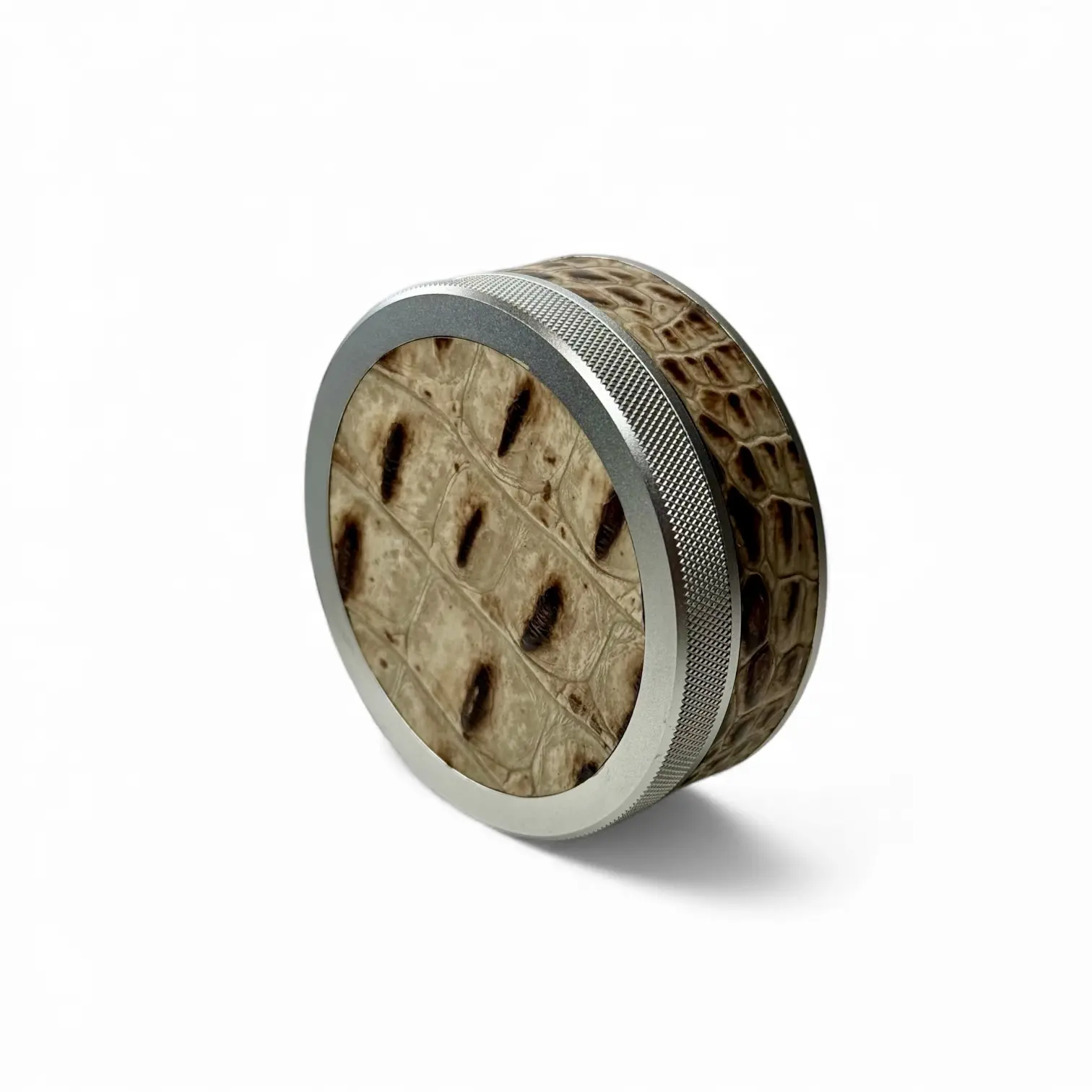Silver on White Embossed Croc Ruk Can | EDC Storage Can | Airtight Seal for Freshness | 100% Genuine Leather Top & Band | Travel Essentials | Aluminum Metal Canister